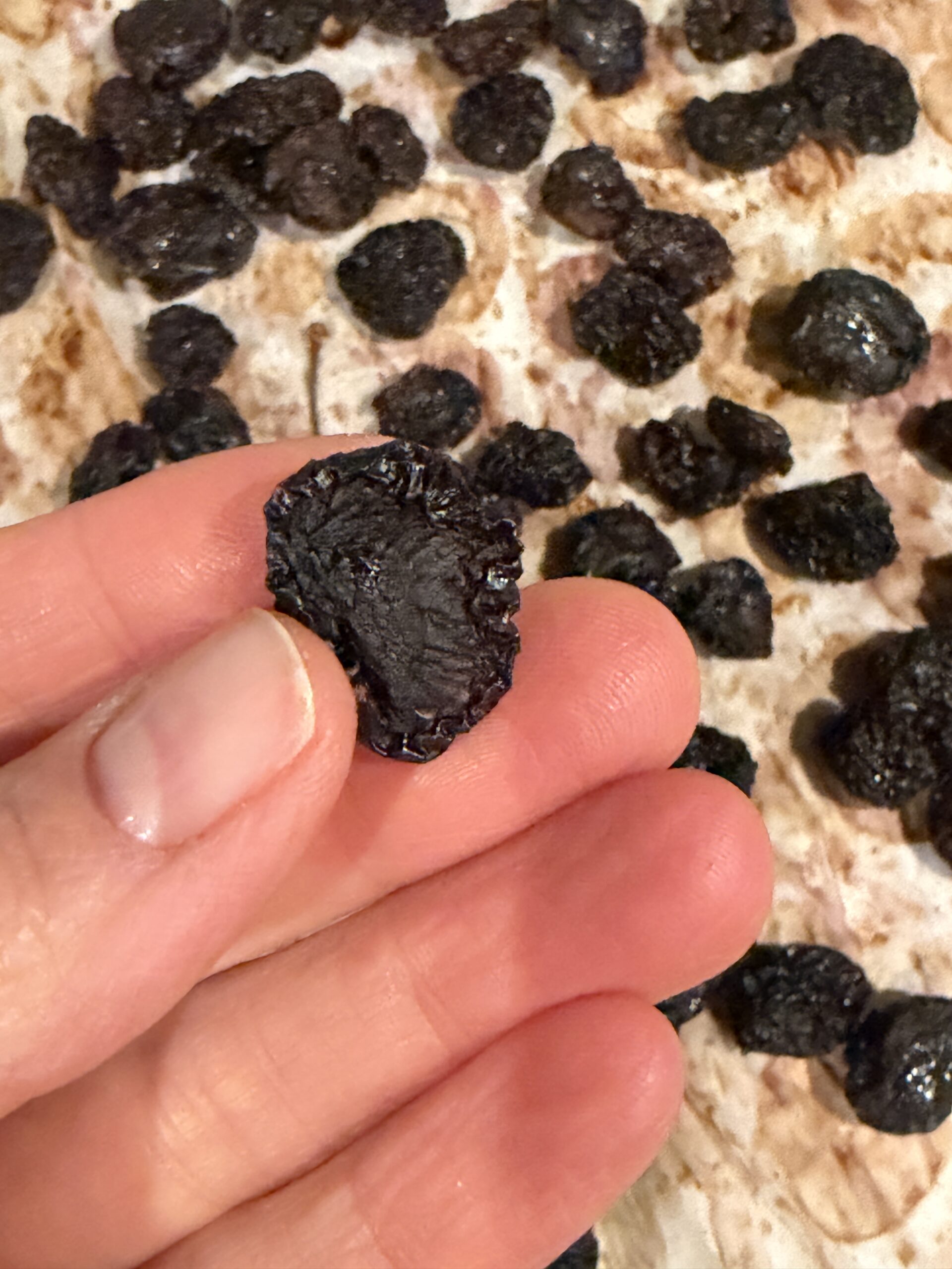 Oven dried cherries on a parchment paper lined baking sheet
